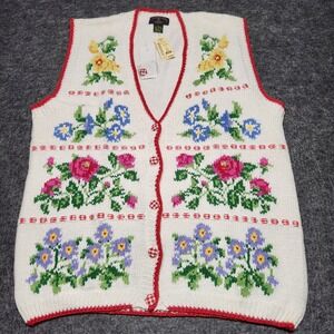 Womens Charter Club Vtg Cardigan Sweater Vest Gingham Floral Large NWT Spring